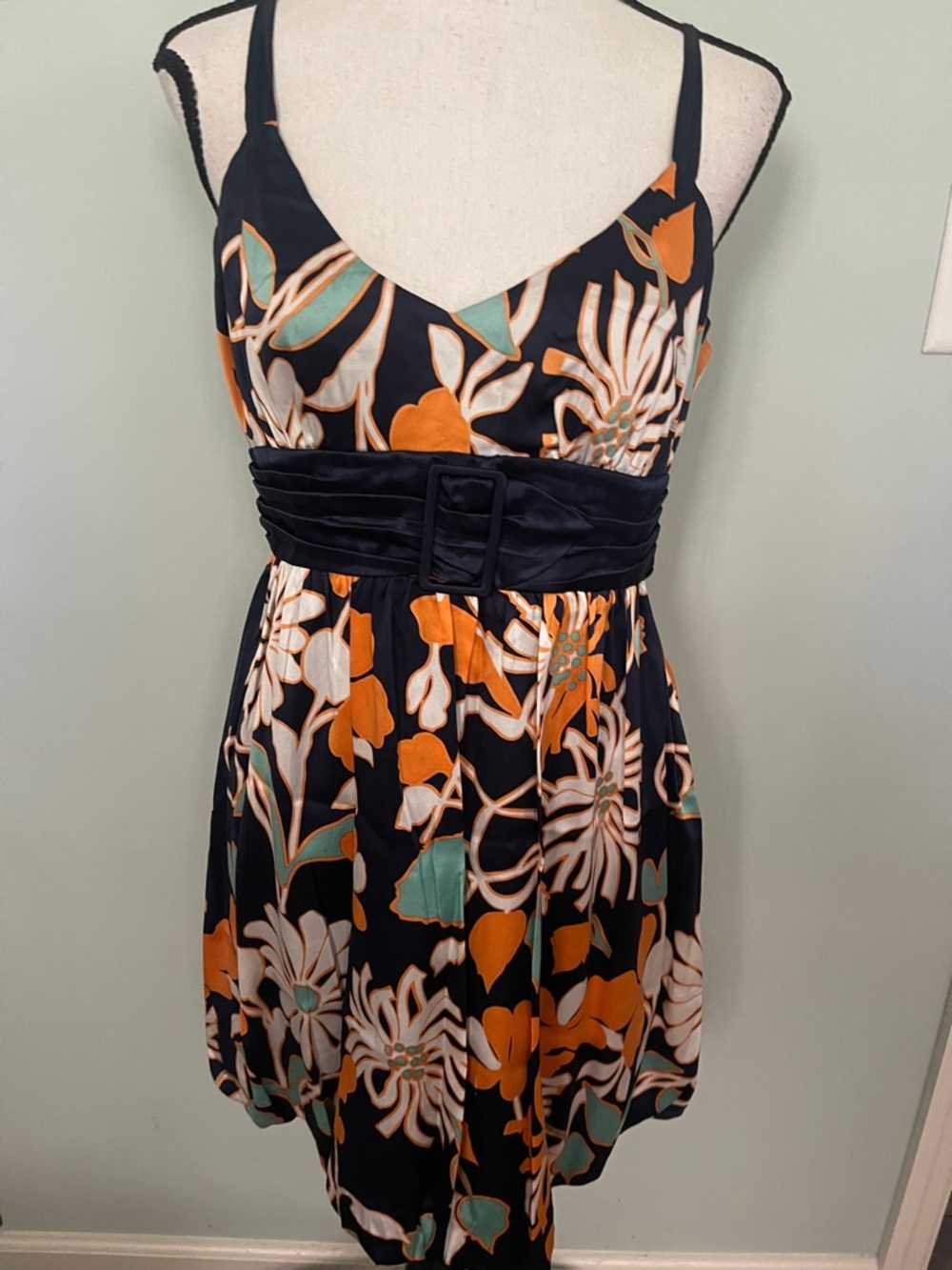 Arden B Navy Floral Belted Dress with Orange & Cream Accents Sz M